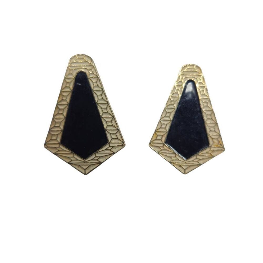 Vintage Geometric Black and Cream Enamel Clip-On Earrings | 1.75"
